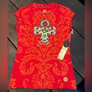 Bright Red Patterned Women's Tee with Embellished Cross